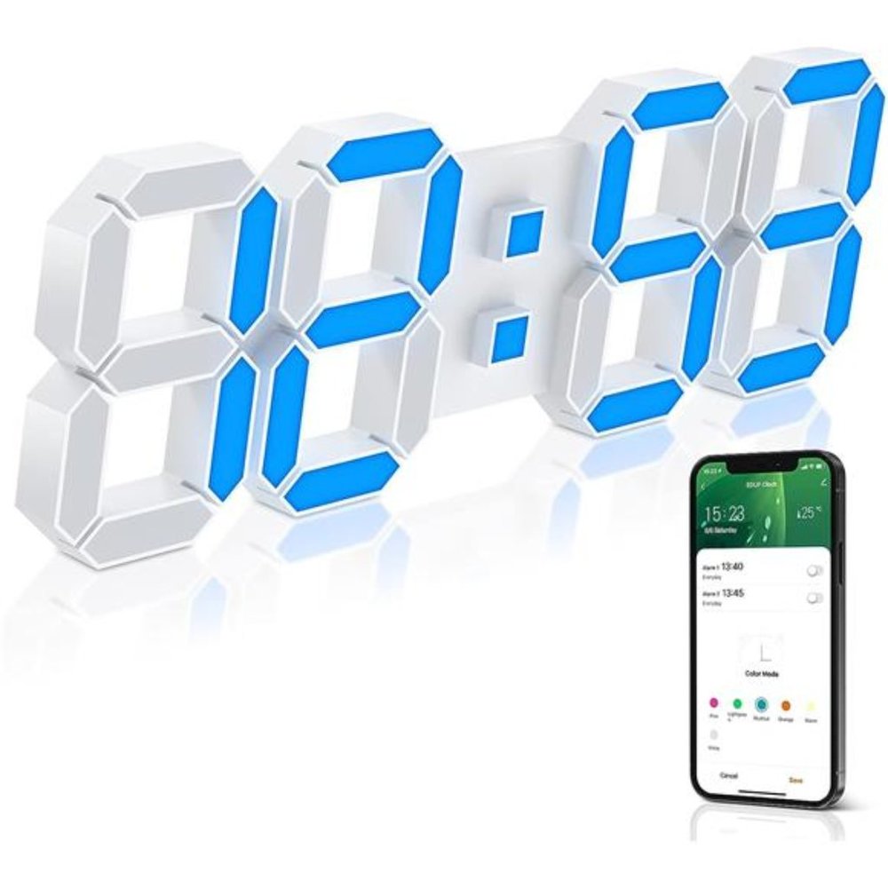 15" Multicolor LED Digital Wall Clock Alarm Clocks with APP Control,3D LED Light